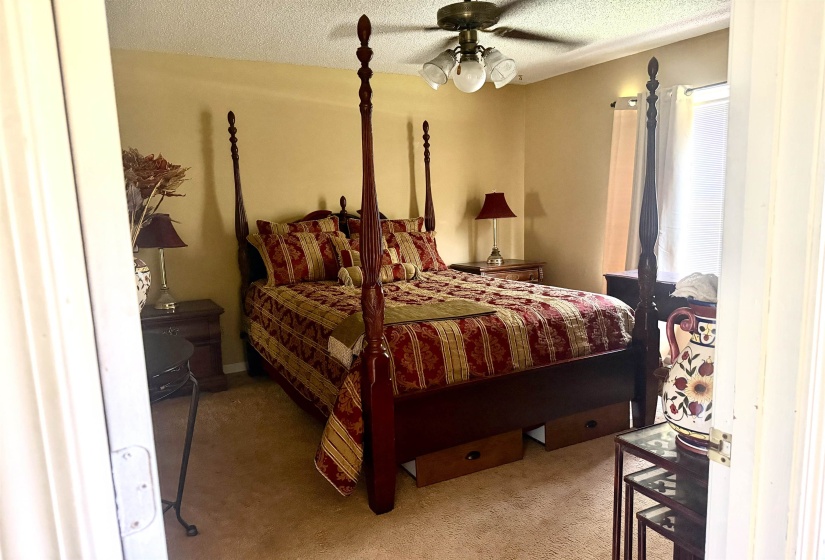 Carpeted room with a ceiling fan light fixture and a window with blinds