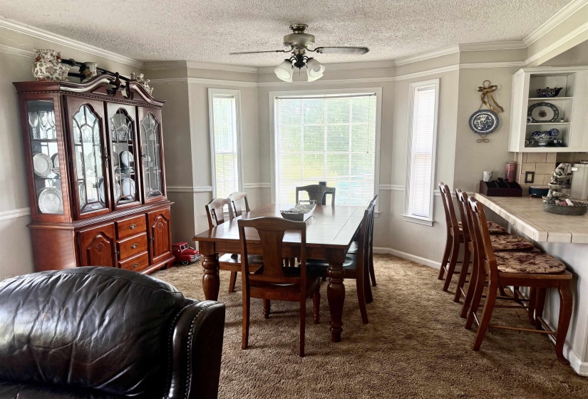 Dining area featuring a bay window with multiple vertical windows, a ceiling fan, and carpet flooring