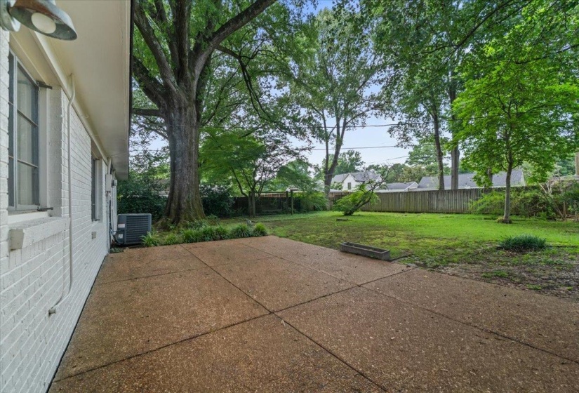 Expansive backyard featuring a concrete patio, mature trees, and a wooden perimeter fence
