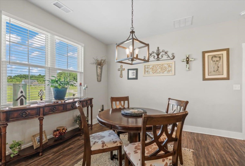 Dining area featuring wood-finish flooring, a contemporary chandelier, light gray wall paint, white baseboards, and a large window with blinds