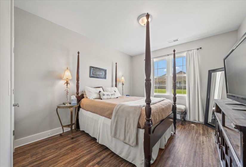 Bedroom featuring wood-finish flooring, light gray walls, white trim, and a ceiling-mounted light fixture