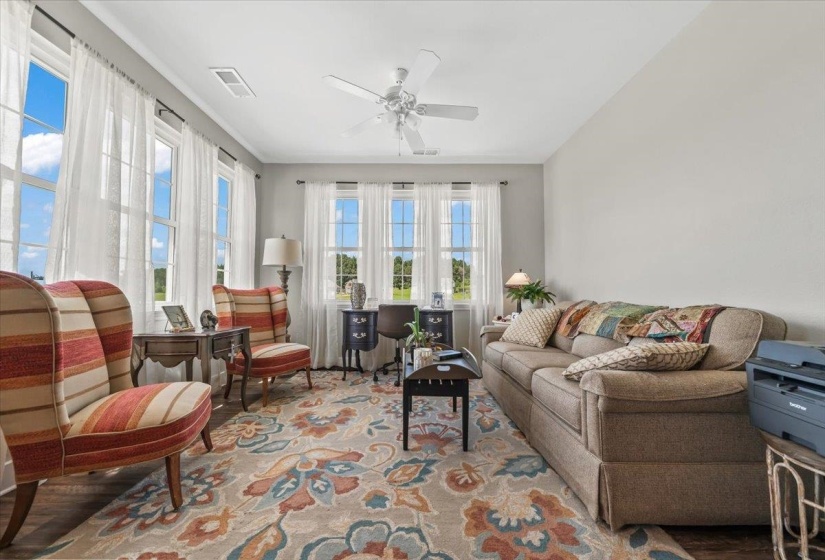 Spacious room featuring multiple large windows, wood-finish flooring, light gray wall paint, and a ceiling fan