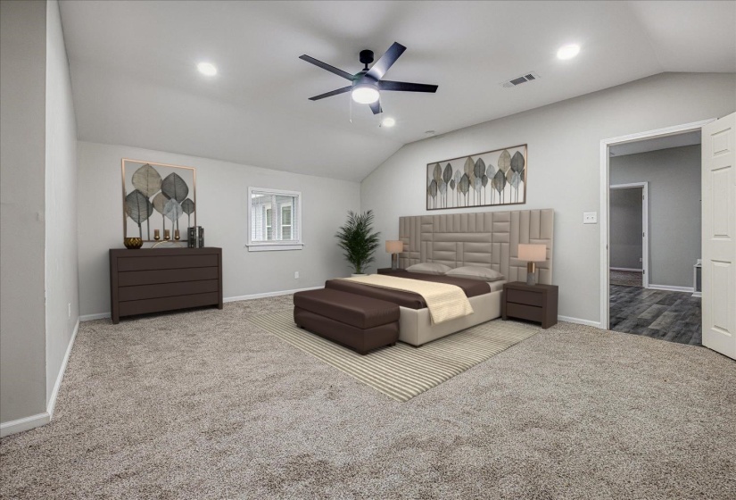 Carpeted bedroom featuring lofted ceiling, ceiling fan, and recessed lighting
