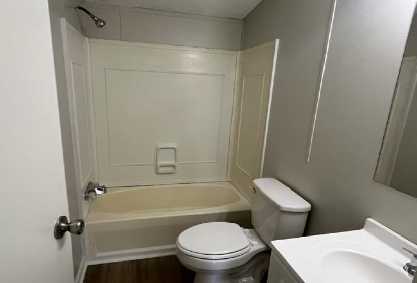 Bathroom featuring a combined tub and shower unit, white vanity with integrated sink, chrome faucet, and wood-finish flooring