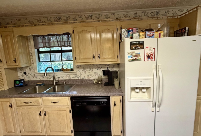 Kitchen featuring light-finish cabinetry, a double basin stainless steel sink, a black dishwasher, and a white side-by-side refrigerator with an external dispenser