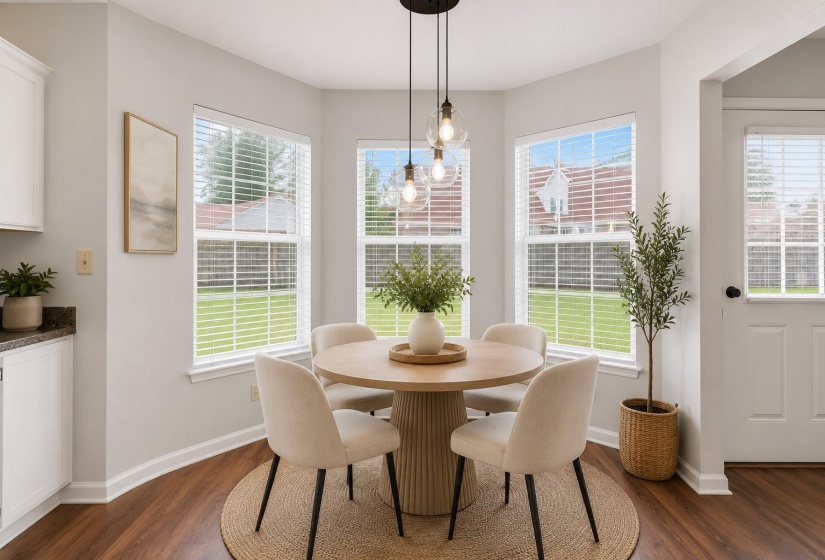Breakfast nook featuring three large windows, pendant lighting fixture, wood-finish flooring, and a white paneled door
