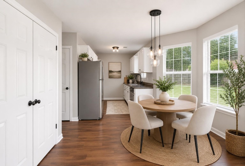 Open-concept dining area with wood-finish flooring, two large windows, a contemporary pendant light fixture, and white painted trim