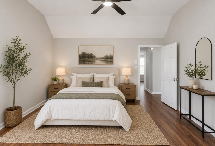 Vaulted ceiling bedroom featuring wood-finish flooring, a ceiling fan, and light gray wall paint