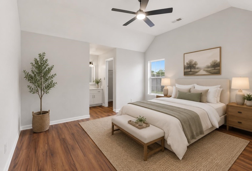 Vaulted ceiling bedroom featuring wood-finish flooring, a ceiling fan with integrated lighting, and a window with outdoor light