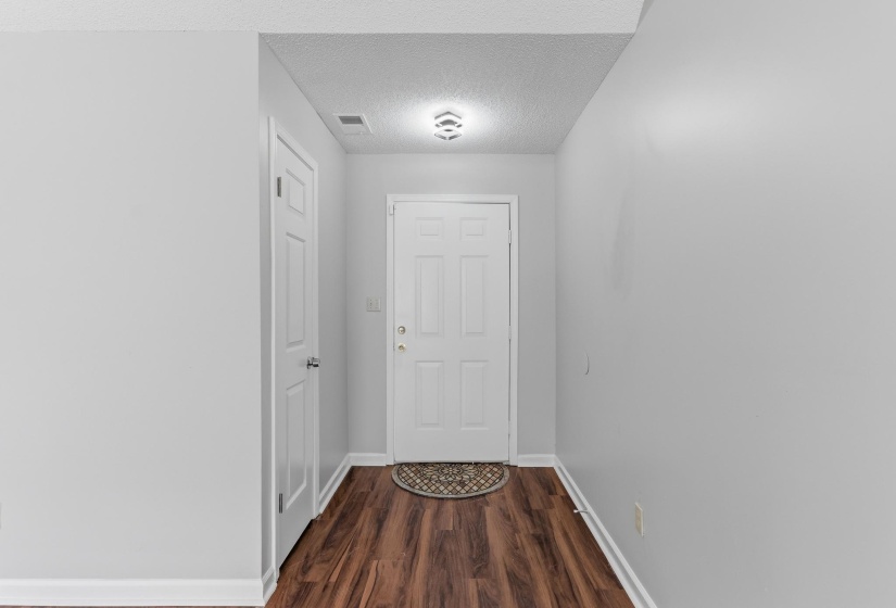 Entryway featuring wood-finish flooring and a flush-mount ceiling light fixture