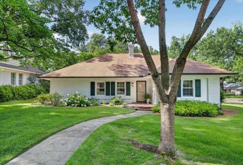 White stucco exterior featuring a brown shingle roof, green window shutters, and a front entry with a screen door