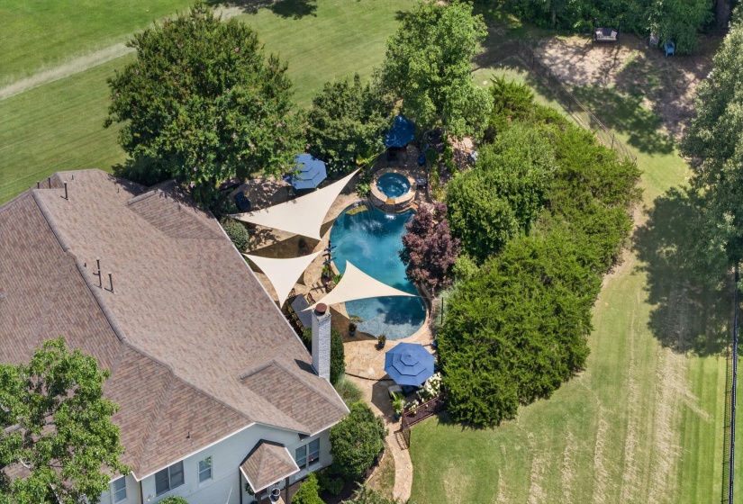 Backyard oasis featuring a freeform swimming pool with integrated spa, multiple shade sails, stone patio, and mature landscaping