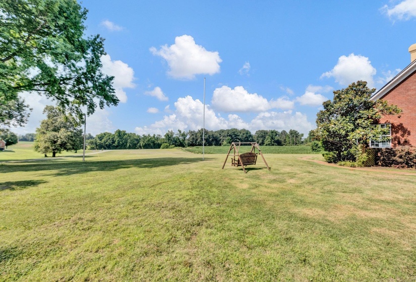 Expansive green space featuring a wooden swing set and mature perimeter trees