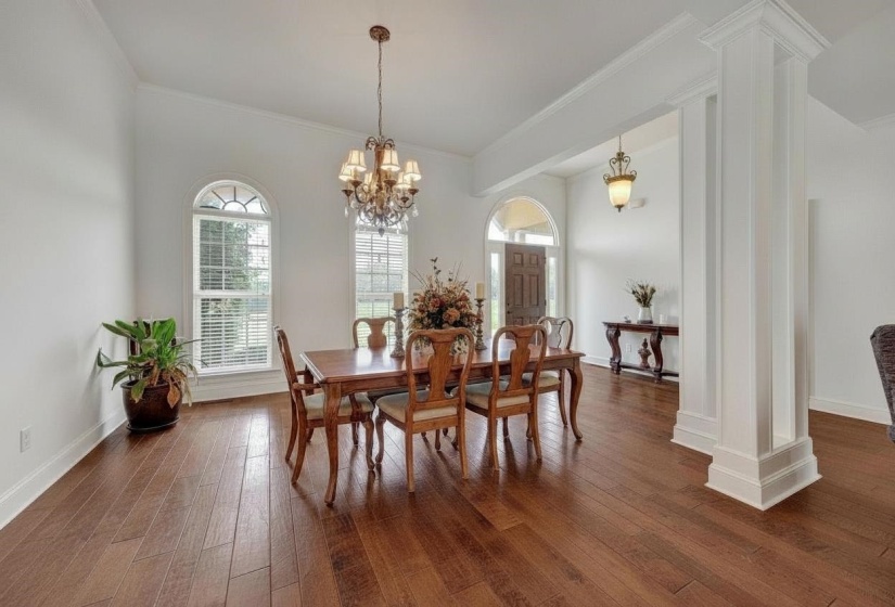 Spacious interior with wood-finish flooring, tall ceilings, and white crown molding
