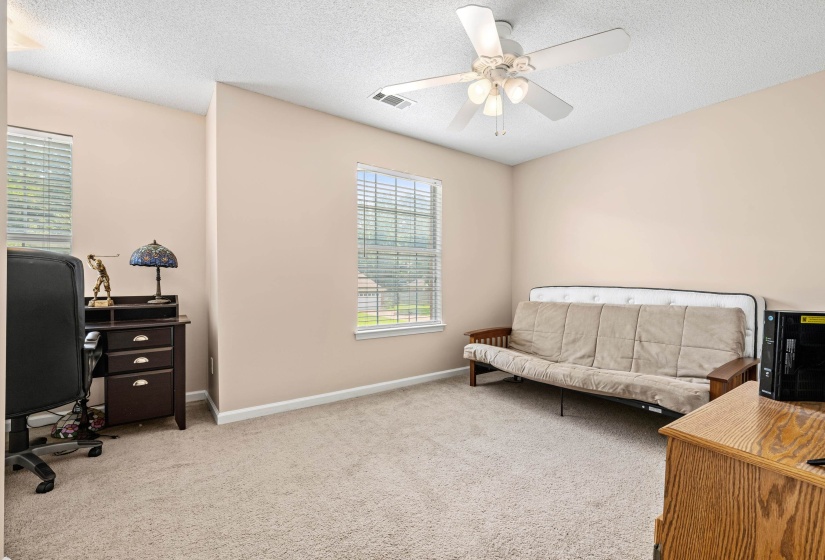 Carpeted room with a ceiling fan light fixture, two windows with blinds, and light-toned wall paint