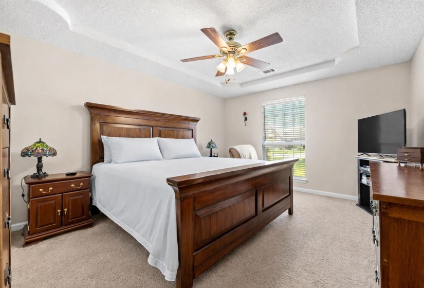 Tray ceiling with crown molding, ceiling fan, carpeted flooring, and window with blinds