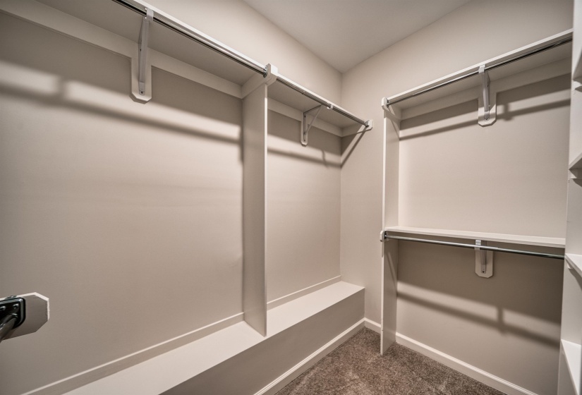 Walk in closet featuring dark colored carpet