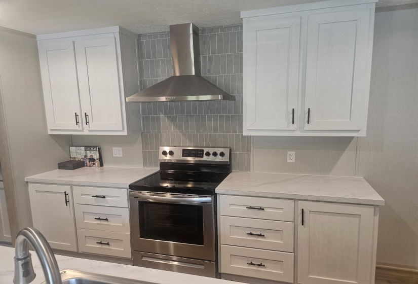 Kitchen featuring a stainless steel range and coordinating range hood