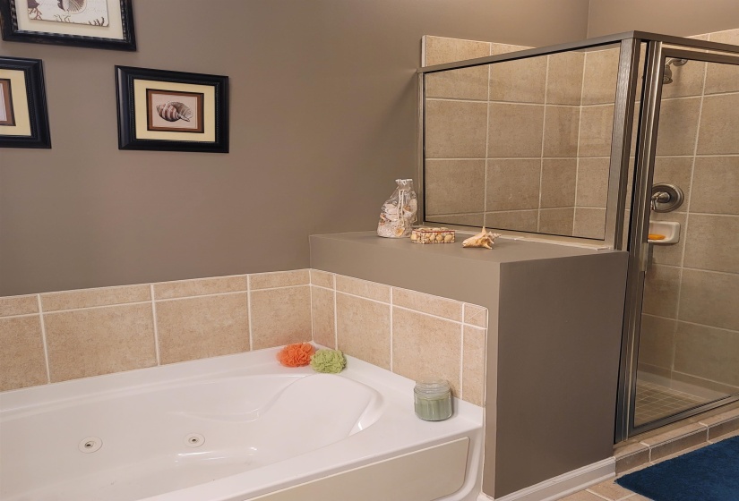 Corner jetted tub with tiled surround, freestanding shower with glass enclosure, and neutral wall tile