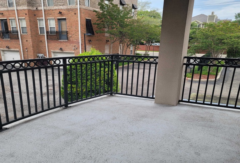 Private outdoor balcony featuring a decorative black metal railing