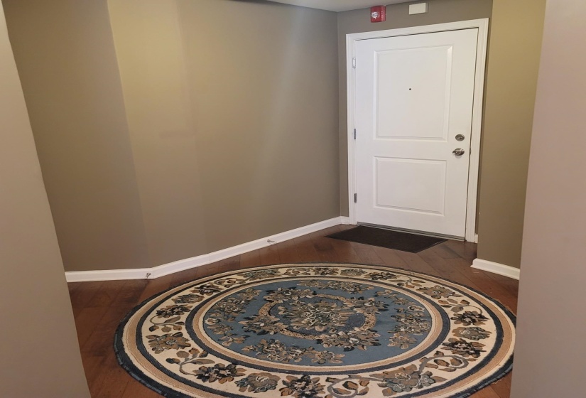 Entryway featuring wood-finish flooring, neutral wall tones, and white baseboards
