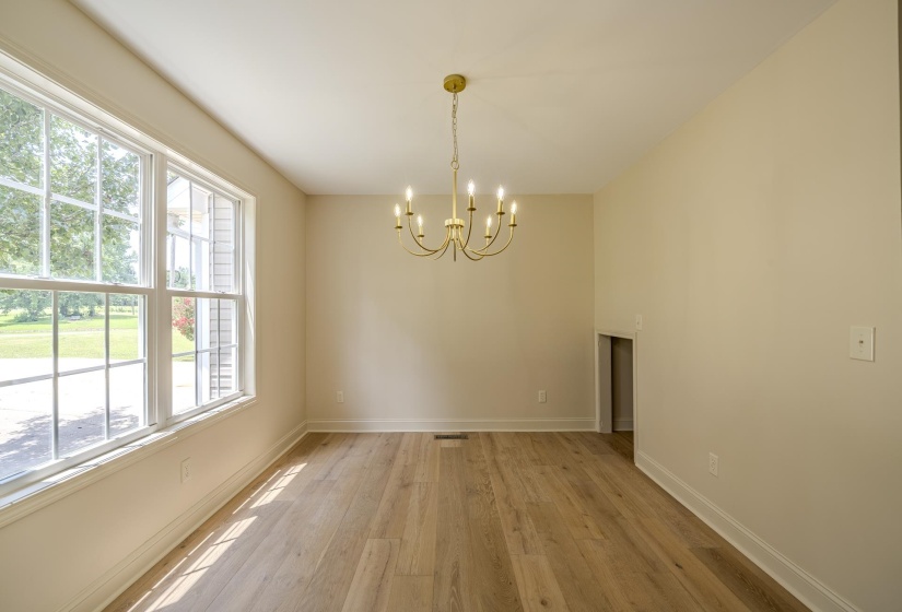 Spacious room featuring wood-finish flooring, a multi-pane window, a gold-tone chandelier, neutral wall paint, and white baseboards