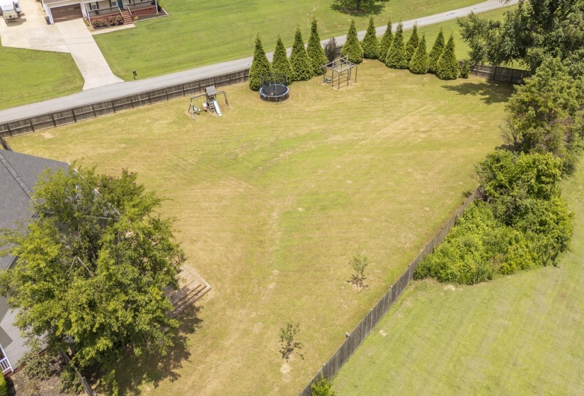 Spacious fenced yard featuring mature trees, manicured lawn, and a line of evergreen shrubs