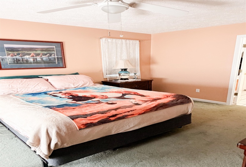 Bedroom featuring soft peach wall tones and green carpeting