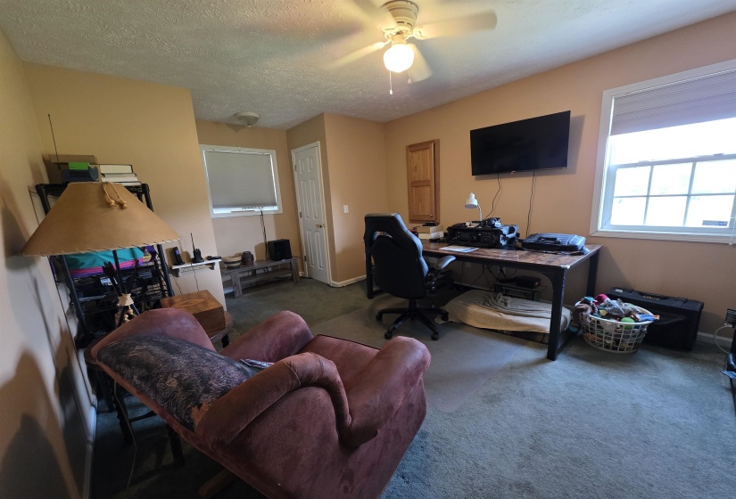 Carpeted room with a ceiling fan, a single window with blinds, and light tan walls