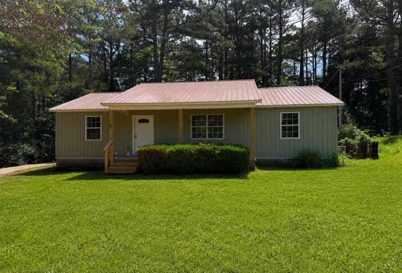 Single-story residence featuring a salmon-hued corrugated metal roof, light green vertical siding, and white trim