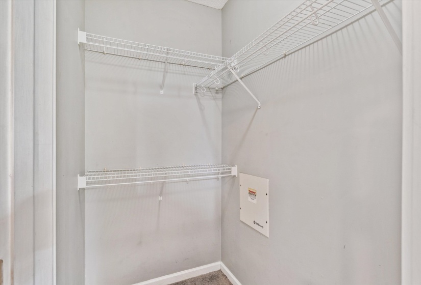 Built-in wire shelving system, light gray wall paint, and gray carpeted flooring