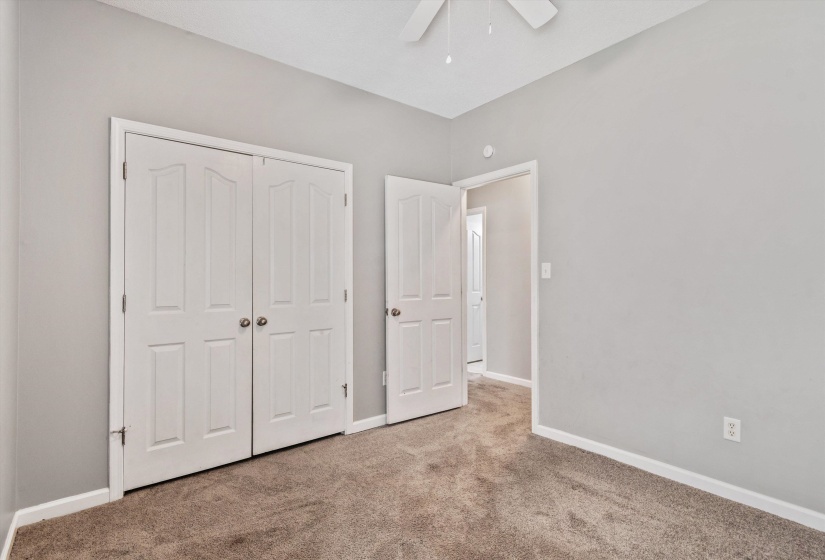 Carpeted room featuring a white ceiling fan, light gray wall paint, and white trim