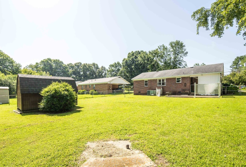 Expansive grassy yard featuring a wood storage shed, mature perimeter trees, and a concrete patio
