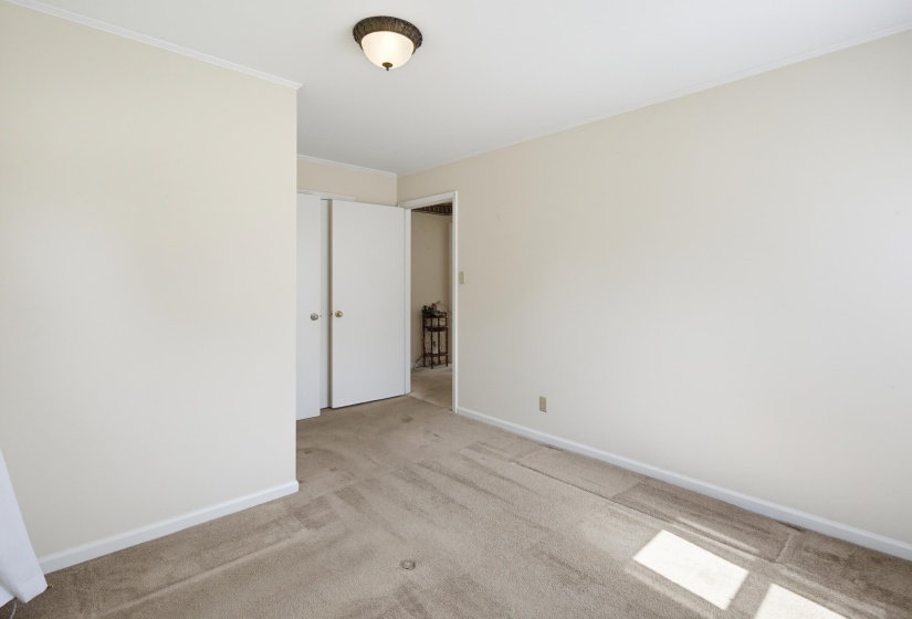 Neutral-toned carpeting and light-colored walls define this room