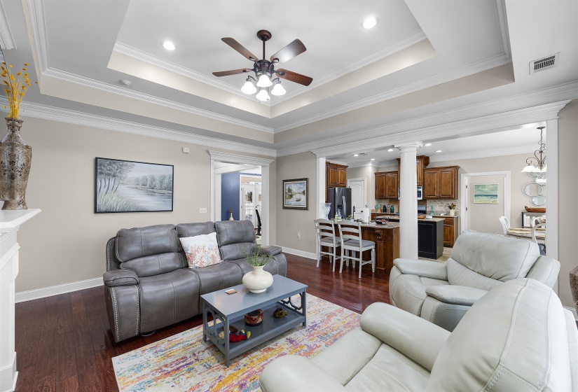 Living area featuring dark wood-style flooring, ceiling fan, crown molding, recessed lighting, and a tray ceiling