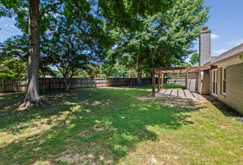 Expansive backyard featuring a pergola-covered patio, mature trees, and a wooden privacy fence