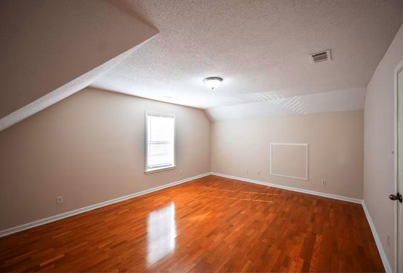 Room featuring warm wood-finish flooring, a sloped ceiling, and a single window with blinds