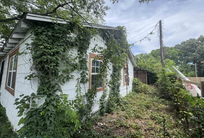 White-sided structure featuring multiple windows with wood trim