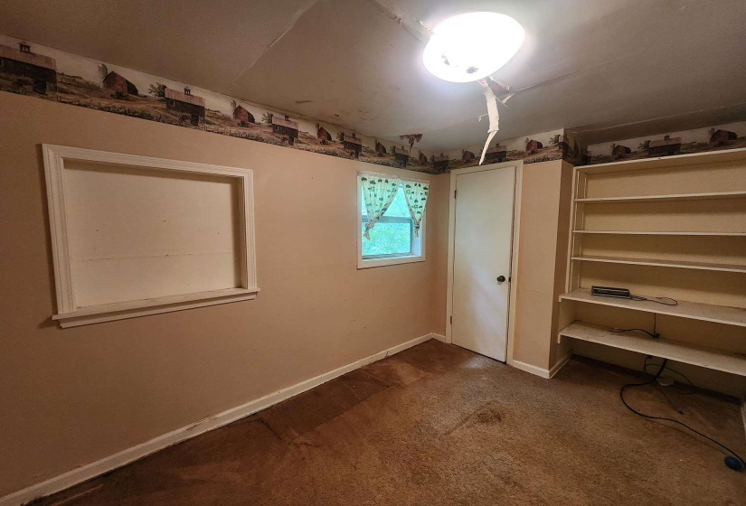 Room featuring wall-to-wall carpeting, built-in shelving, a window with curtains, and a white interior door