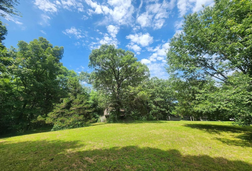 Expansive grassy lawn surrounded by mature trees, offering a private setting