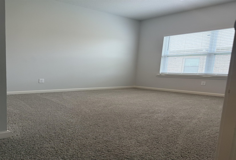 Spacious interior room featuring light gray wall paint, white trim, gray carpet flooring, and a window with horizontal blinds
