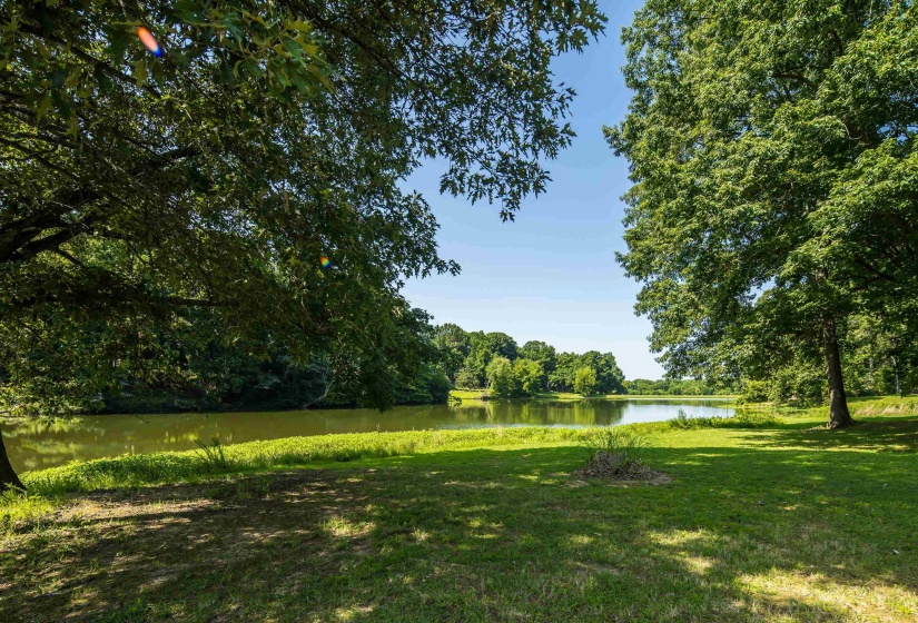 Property has expansive lawn with many mature shade trees along the lake's edge.