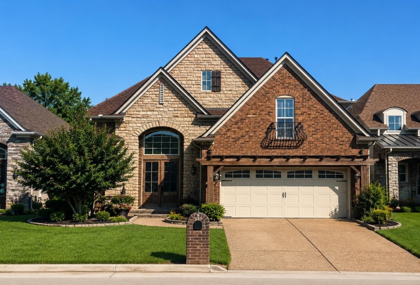 Stone and brick facade residence with a prominent arched entry and decorative transom