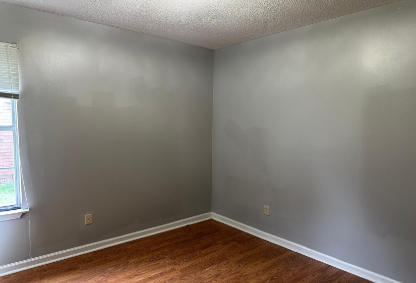 Interior room featuring wood-finish flooring, light grey painted walls, and white baseboards
