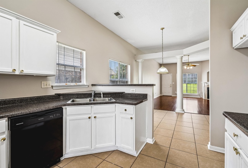 Kitchen featuring white cabinetry, dark speckled countertops, and a double basin sink