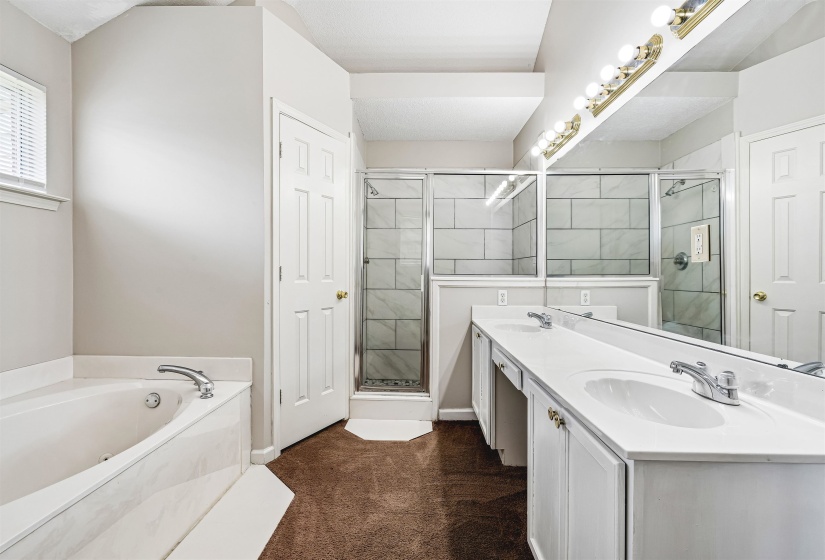 Bathroom featuring a built-in tub, separate shower with glass enclosure, dual vanity with white cabinetry, and an expansive wall-mounted mirror
