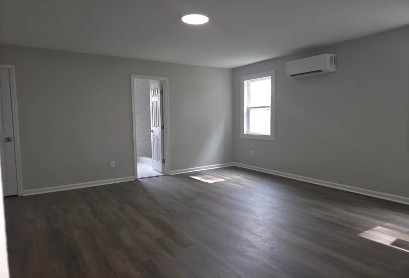 Spacious room with wood-finish flooring, light grey walls, and white trim