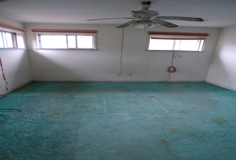 Carpeted spare room featuring plenty of natural light and ceiling fan