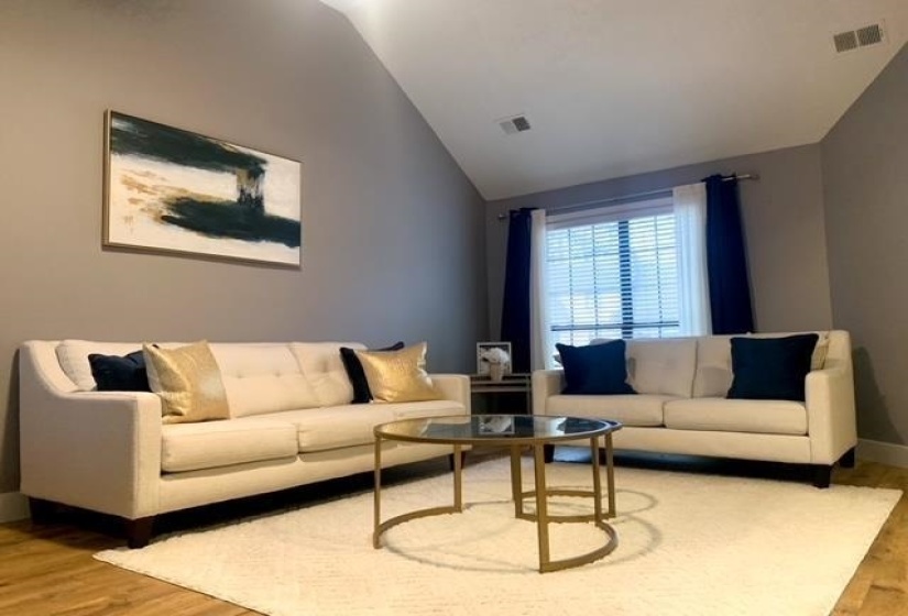 Spacious living area featuring a vaulted ceiling, neutral wall tones, and wood-finish flooring