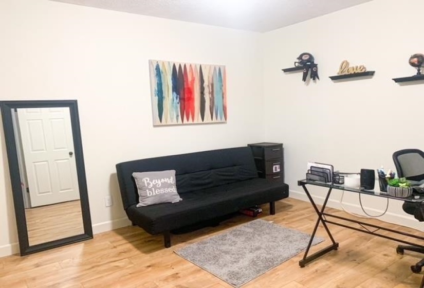 Spacious interior room featuring light-toned wood-finish flooring, white walls, and a white paneled door